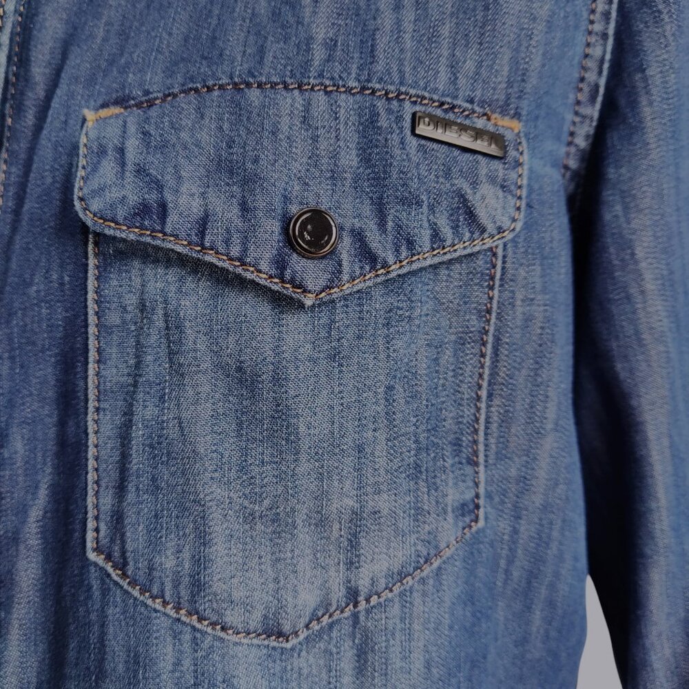 Diesel Western Distressed Chambray Snap Front Cotton Thin Soft Denim Shirt Sz S - Picture 7 of 11